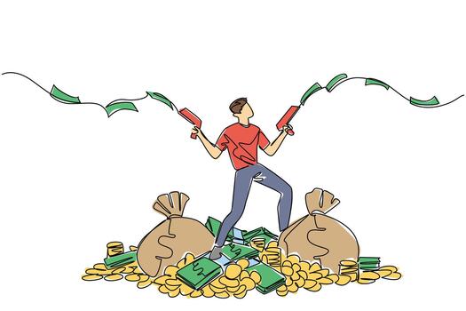 Continuous one line drawing a man stands on a pile of money holds gun that shoots out banknotes in both hands. Sharing in a unique way Be a Millionaire Day. Single line draw design illustration vector