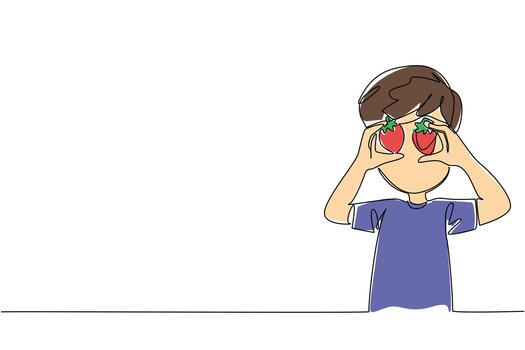 Continuous one line drawing a boy holds strawberry in both hands and puts it in front of eyes. Telling about favorite fruit. National Pick Strawberries Day. Single line draw design illustration vector