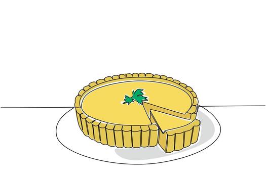 Single one line drawing quiche lorraine with celery leaves on top with little bit of it cut off. Share moments of togetherness National Quiche Lorraine Day. Continuous line design graphic illustration vector