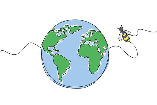 Single one line drawing a globe with bees flying around on the side. Bees migrate. Moving away from the decreasing best nesting grounds. World Bee Day. Continuous line design graphic illustration vector