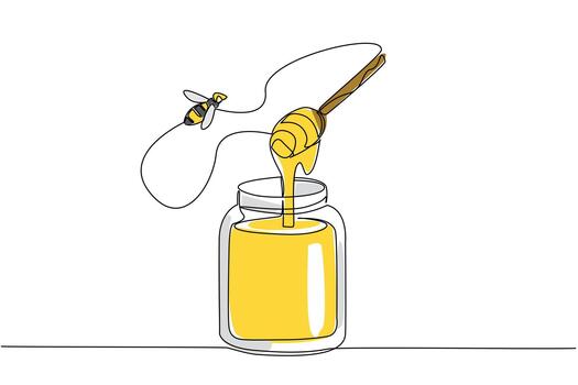 Continuous one line drawing bees flying around a honey jar and a wooden handle covered in honey. The sweetness of honey comes from bees. World Bee Day. Single line draw design illustration vector
