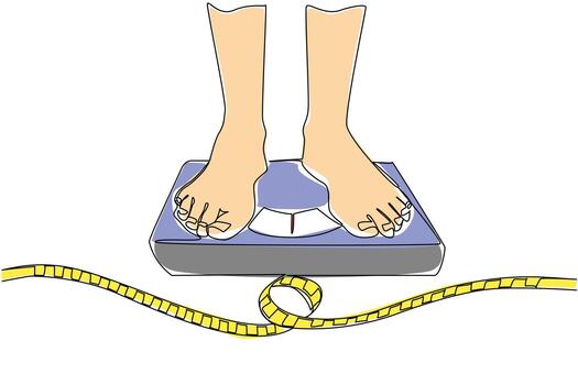 Continuous one line drawing feet standing on scale and a roll of measuring tape. Strict diet starts now. For better life. Health. Weights and Measures Day. Single line draw design illustration vector