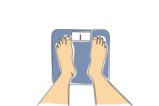 Single continuous line drawing top view, feet standing on the scale. The scales do not lie. It is time to live healthy. Exercise regularly Weights and Measures Day. One line design illustration vector
