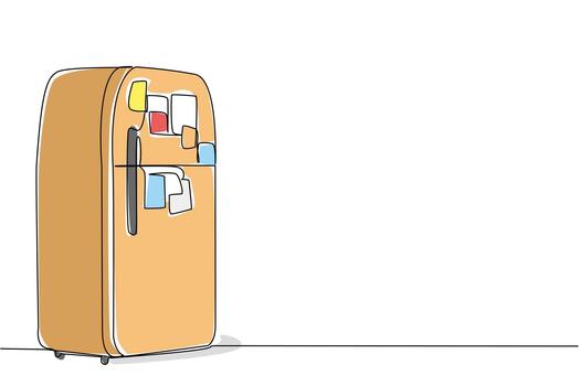 Single continuous line drawing classic refrigerator covered with memo paper. The important sticky notes that will always be read when at home. National Memo Day. One line design illustration vector