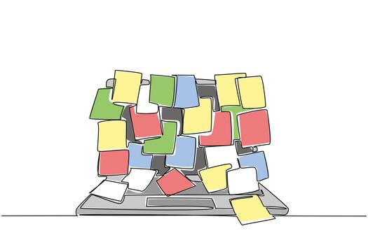 soltero continuo línea dibujo ordenador portátil pantalla superficie cubierto con un montón de memorándum documentos. importante pegajoso notas manual. muchos plazos información nacional memorándum día. uno línea diseño ilustración vector