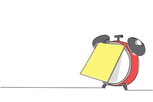 Single one line drawing alarm clock with memo paper attached. Deadline reminder message is getting closer. The important sticky notes. National Memo Day. Continuous line design graphic illustration vector