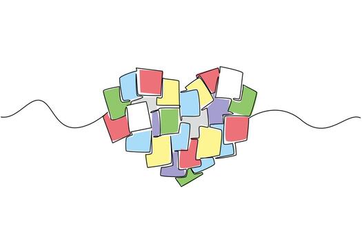 Continuous one line drawing a series of scrap paper that forms a heart shape. Love messages for the loved ones at home. Information. National Memo Day. Single line draw design illustration vector