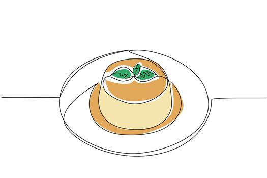 Single one line drawing vanilla pudding topped with mint leaves and caramel sauce on plate. Simple yet luxurious presentation. National Vanilla Pudding Day. Continuous line design graphic illustration vector