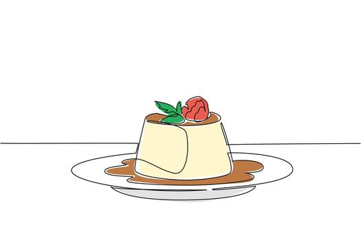 soltero continuo línea dibujo vainilla pudín coronado con frambuesas y caramelo salsa en un lámina. delicioso combinación de sabores nacional vainilla pudín día. uno línea diseño ilustración vector