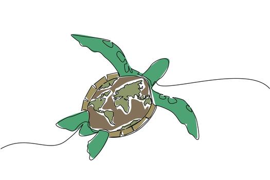 Single continuous line drawing turtle swimming with a world map on its belly. Symbolism of the decreasing number of turtles in the world. Adrift. World Turtle Day. One line design illustration vector