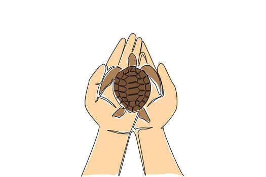 Continuous one line drawing the turtle is placed on two palms. Releasing newborn turtles into nature. Return it to its natural habitat. World Turtle Day. Single line draw design illustration vector