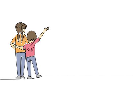 Single one line drawing rear view, two little sisters standing embracing each other. Always get along wherever. The protector. Loving. Day of Brother. Continuous line design graphic illustration vector