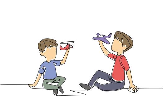 Single continuous line drawing two brothers sitting and playing together on the floor. Playing the same game because of the same toy hobby. Happy. Day of Brother. One line design illustration vector