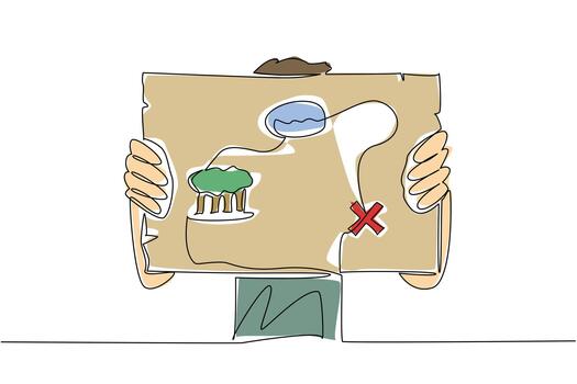Continuous one line drawing person holding treasure map sheet with the map image facing forward. Have a fun day. The excitement National Scavenger Hunt Day. Single line draw design illustration vector