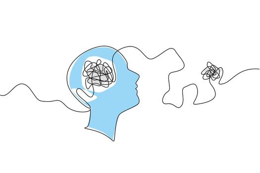 Single continuous line drawing silhouette of a head with a tangled ball of thread extending out of the head. Hallucinations. Delusions. World Schizophrenia Day. One line design illustration vector
