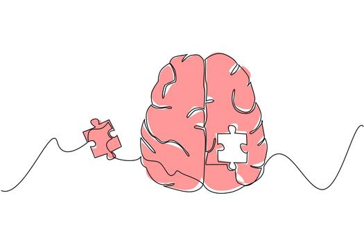 soltero uno línea dibujo parte superior vista, cerebro tiene rompecabezas piezas en medio ese son suelto fuera de cerebro. estructuras en cerebro ese cambiar. mundo esquizofrenia día. continuo línea diseño gráfico ilustración vector