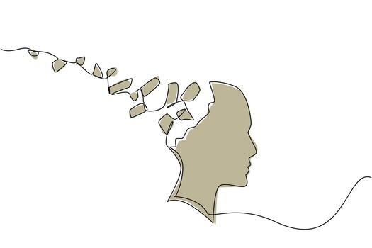 continuo uno línea dibujo silueta de cabeza con el espalda rasgado apagado y convertido dentro papel jirones. dificultad pensando lógicamente mundo esquizofrenia día. soltero línea dibujar diseño ilustración vector