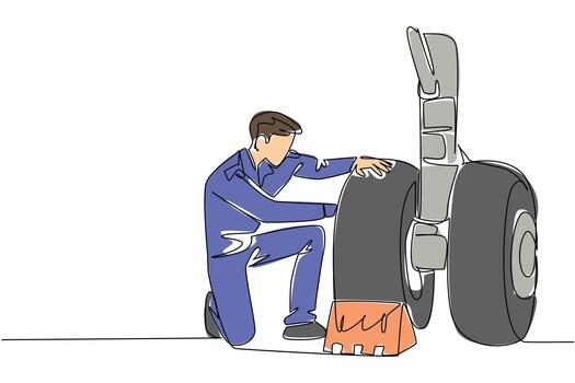Continuous one line drawing aircraft technician checking the wheels of aircraft. Rechecking the landing control system. Aviation Maintenance Technician Day. Single line draw design illustration vector