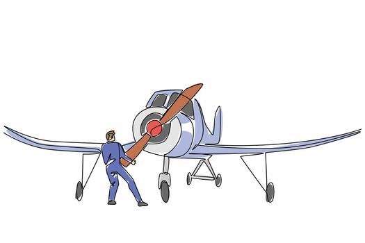 Single one line drawing an aircraft technician is checking the propeller. Propeller rotation does not meet standards. Aviation Maintenance Technician Day. Continuous line design graphic illustration vector