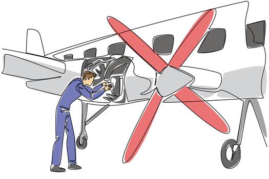 Continuous one line drawing aircraft technician dismantles aircraft propeller engine. Regular maintenance before flying Aviation Maintenance Technician Day. Single line draw design illustration vector