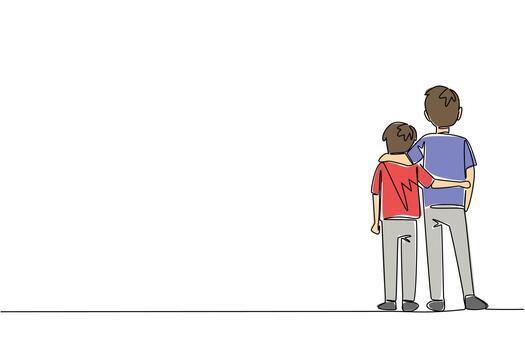 Single continuous line drawing rear view, two brothers standing embracing each other. Posing compactly in the open air. Childhood memory photo. Day of Brother. One line design illustration vector