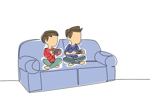 Continuous one line drawing two brothers boys sitting on the sofa and holding game joysticks. Have the same hobby. Playing console games. Day of Brother. Single line draw design illustration vector