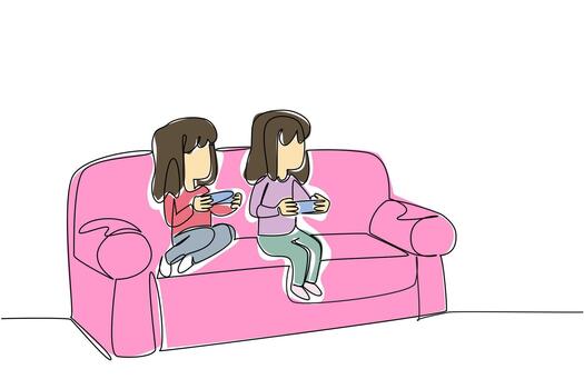 Single continuous line drawing two sisters sitting on the sofa and holding game joystick. Competing in the world of console gaming. Happy holidays. Day of Brother. One line design illustration vector