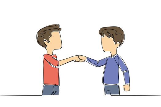 Single continuous line drawing two brothers clenching their fists and giving each other a fist bump. Form of celebration for the success achieved. Day of Brother. One line design illustration vector