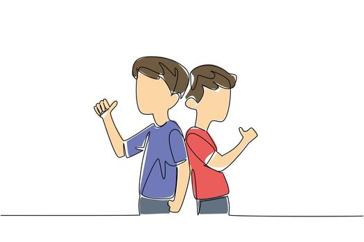 Continuous one line drawing two brothers turn their backs to each other and make a thumbs up gesture. Styled like showing arm muscles. Day of Brother. Single line draw design illustration vector