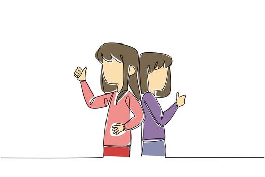 Single one line drawing two sisters turn their backs to each other and make a thumbs up gesture. Pose like a famous model. Support. Fun. Day of Brother. Continuous line design graphic illustration vector