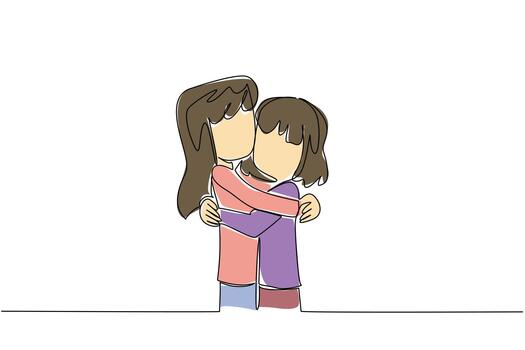 Single continuous line drawing two sisters hug each other. Hugging like a fictional childhood character. Hugging tightly, not wanting to let go. Day of Brother. One line design illustration vector