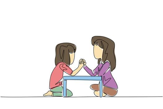 soltero uno línea dibujo dos hermanas sentado en el piso y brazo lucha. hermanos compitiendo en un juego de ágil. divertido y emocionante juego. día de hermano. continuo línea diseño gráfico ilustración vector