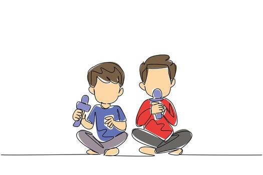 continuo uno línea dibujo dos hermanos participación un micrófono utilizando tecnología llamado micrófono. karaoke juntos con alegría. divertido juntos. día de hermano. soltero línea dibujar diseño ilustración vector