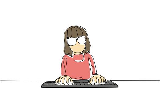 Continuous one line drawing woman dressed as a nerd, typing on a computer keyboard. Tidy up messy data fast. Awesome. Genius. Funny people. Geek Pride Day. Single line draw design illustration vector