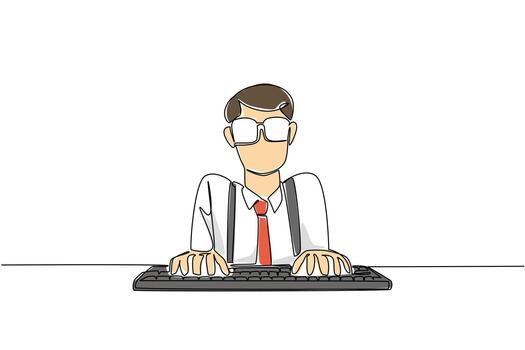 soltero uno línea dibujo hombre vestir largo con mangas camisa con liga mecanografía en computadora teclado. el más maníaco acerca de computadora tecnología. friki orgullo día. continuo línea diseño gráfico ilustración vector