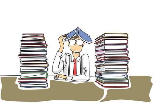 Single continuous line drawing man wear long sleeved shirt with suspenders puts an open book on head. Gestures put knowledge into the head. Genius. Geek Pride Day. One line design illustration vector