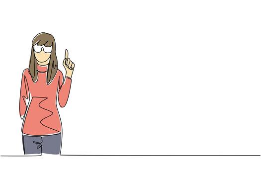 Single continuous line drawing the woman dressed as a nerd, raised one of her index fingers. Get creative ideas from the silliest. Innovation. Geek Pride Day. One line design illustration vector