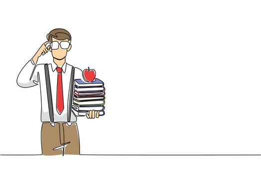 Single one line drawing man wear long sleeved shirt with suspender carrying stack of books and holds glasses. The librarian who is on a diet Geek Pride Day. Continuous line design graphic illustration vector