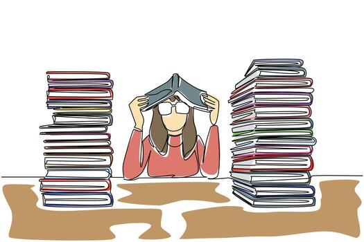 Continuous one line drawing a woman dressed as a nerd, placed an open book on her head. Read a lot, gain a lot of benefits. Funny. Educate. Geek Pride Day. Single line draw design illustration vector