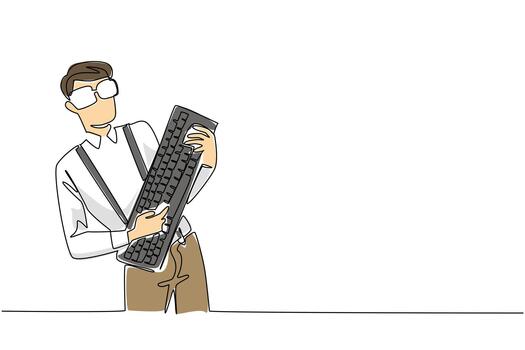 Single one line drawing a man wearing a long sleeved shirt with suspender holding a computer keyboard like playing guitar. game guitar Geek Pride Day. Continuous line design graphic illustration vector