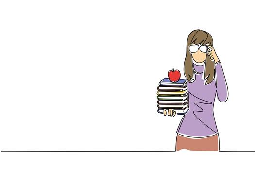 Continuous one line drawing woman dressed as a nerd, holding a stack of books and holding glasses. One day many books. Healthy lifestyles. Geek Pride Day. Single line draw design illustration vector