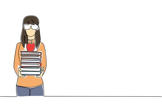 Continuous one line drawing woman dressed as a nerd, holding stack of books and an apple. The one who loves reading books and healthy fruit. Geek Pride Day. Single line draw design illustration vector
