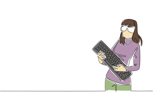 Continuous one line drawing woman dressed as a nerd, holding a computer keyboard like playing a guitar. Very busy. Obsessed with guitar. Geek Pride Day. Single line draw design illustration vector