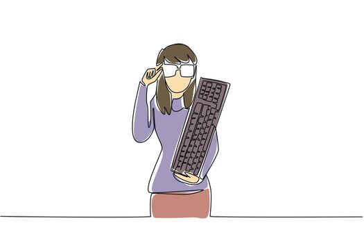 Single one line drawing woman dressed as a nerd, holding computer keyboard. Interested in the sound of the keyboard keys. Cannot be damaged. Geek Pride Day. Continuous line design graphic illustration vector