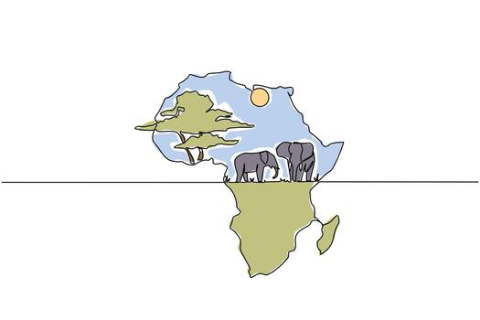 Single one line drawing the African continent with 2 elephants, the sun and big tree in the middle. Moving to create open space. Jungle. Global Africa Day. Continuous line design graphic illustration vector