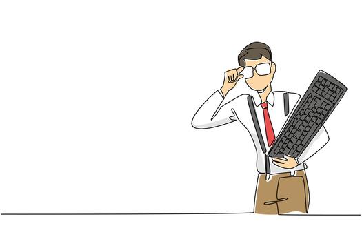 Single continuous line drawing a man wearing a long sleeved shirt with suspender holding a computer keyboard. Inspiration keyboard. Idea. Innovation Geek Pride Day. One line design illustration vector