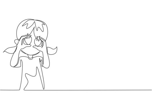 Single continuous line drawing a girl holds a strawberry in both hands and puts it in front of her eyes. Small but very refreshing. National Pick Strawberries Day. One line illustration vector