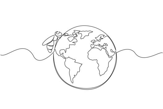 Single continuous line drawing globe being infested with bees. Flowering plants detected. Natural place providing safe nests. Produce the best honey. World Bee Day. One line design vector