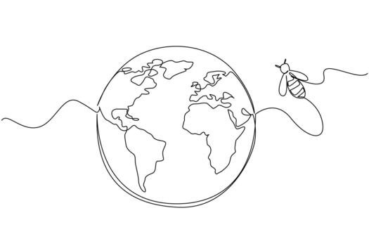 Single one line drawing a globe with bees flying around on the side. Bees migrate. Moving away from the decreasing best nesting grounds. World Bee Day. Continuous line design illustration vector