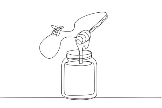 Continuous one line drawing bees flying around a honey jar and a wooden handle covered in honey. The sweetness of honey comes from bees. World Bee Day. Single line draw illustration vector
